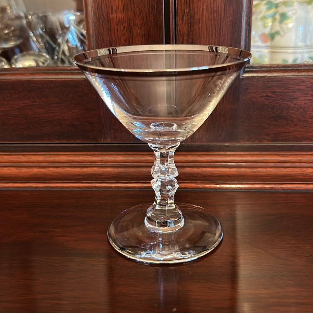 Bryce, Debut vintage crystal champagne glass with platinum ring at rim and base